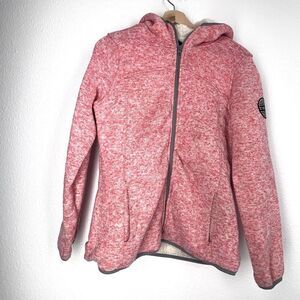 Bebe Sport Ribbed Zip Up Sweater hooded flece women coat pink red Logo Medium